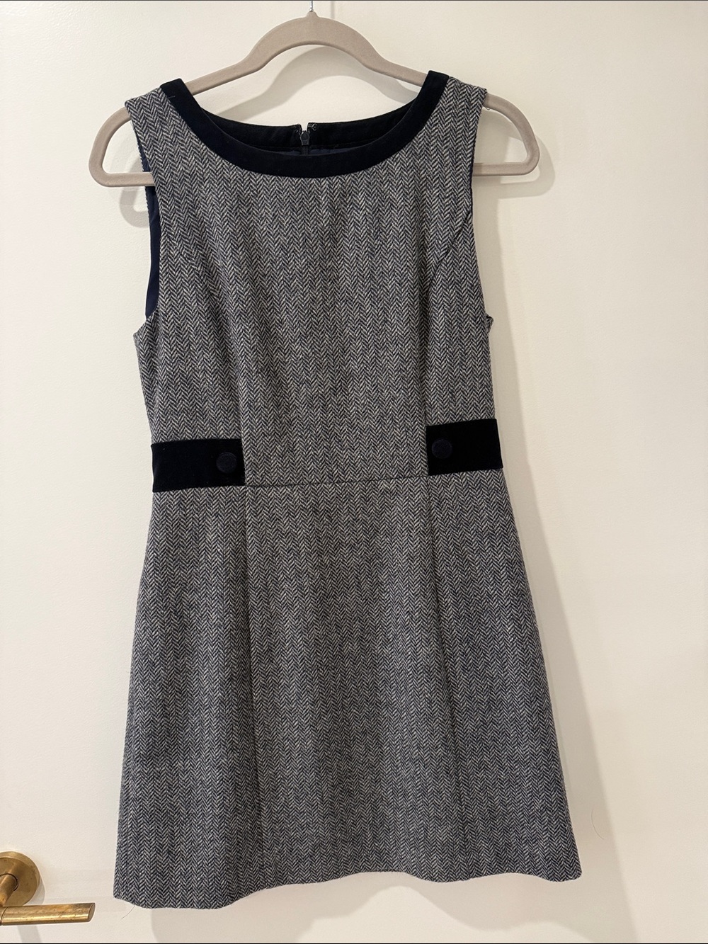 Jack Wills Gray Herringbone Sleeveless Shift Dress with Black Trim